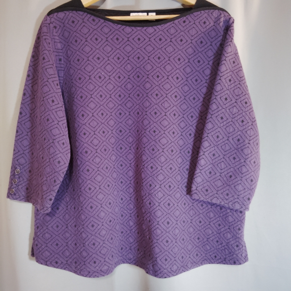 Croft & Barrow Women's PL Purple Geo Print Blk Accents 3/4 Sleeve Boat Neck Top